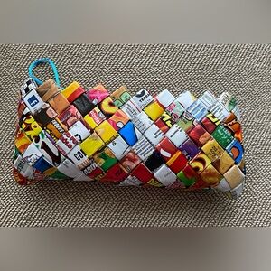 Vintage Mexican Candy Wrapper Zippered Pouch. Multicolor Woven Pattern,8x3.5 in.